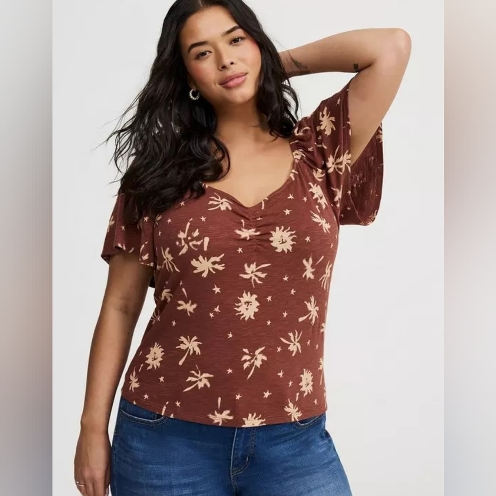 Torrid Brown Flutter Sleeve T-shirt Top In Sun Palms Bracken Print